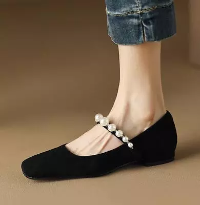 Women Pump Dress Shoes Pearl Ankle Strap Cuban Heel Faux Suede Retro Square Toe • $31.40