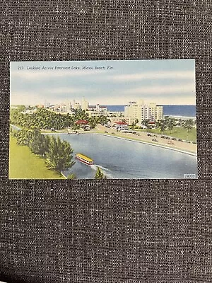 Linen Postcard Miami Beach FL~Beachfront Hotels Across Pancoast Lake-Atlantis • $0.95