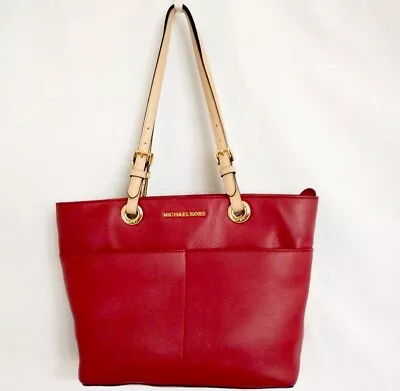 Michael Kors Bedford Red Pocket Tote Pebble Leather Purse Shopper Bag-15-11 • $110