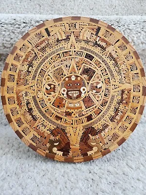 Vintage Aztec Mayan Calendar Mexico Inlaid Wall Hanging 8” Solid Wood • $25.99