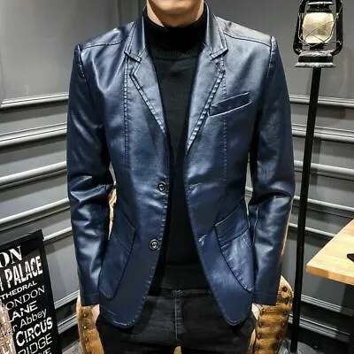 Men's Leather Jacket Slim Fit Two Button Blazer Business Lapel Coat Casual Party • $24.13