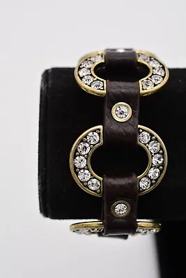 Leather Wrap Bracelet Rhinestone Crystal Brown Antiqued Gold Tone Chunky Bin5 • $26.36