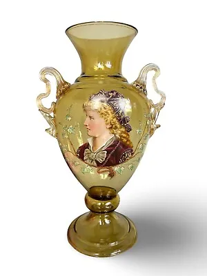 Antique Moser Style Art Glass Vase Handpainted Portrait Double Handles 19thC • $382.50