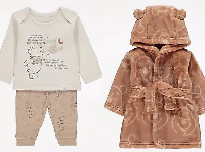 Disney Winnie The Pooh Baby Pyjamas & Dressing Gown Set Size 9-12 Months NEW • £12.50