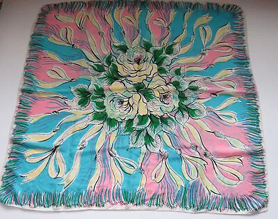 Large Floral Silk Scarf Shawl - Pink Turquoise Floral Bouquet  Vintage • $48