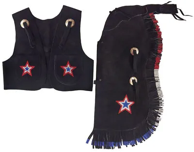 Showman Kid's Black Suede Leather Chap & Vest Outfit W/ Glitter Stars & Fringe • $56.99