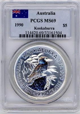 INAUGURAL KOOKABURRA 1990 AUSTRALIA .999 Silver $5 1oz SILVER COIN PCGS MS69 • $349