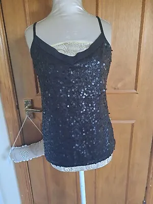Marks And Spencer Top Black Vest Top Sequin Top Going Out Top Size 10 Used Vgc • £6