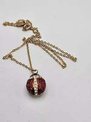 Vintage Ladybug Gold Tone Red Enamel Clear Crystals Small Pendant Necklace • $26