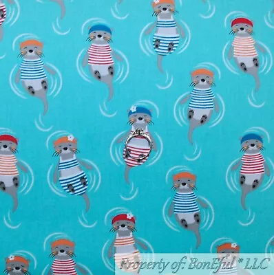 BonEful Fabric FQ Cotton Quilt Aqua Blue Red White Stripe Sea Otter Beach Animal • £6.24