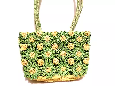 Vintage Raffia Purse Handbag Flowers Hippie Zipper • $16.95