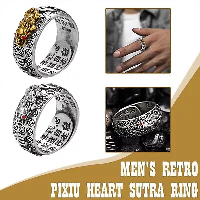 Feng Shui Pixiu Silver Adjustable Ring MANI Mantra Protection Wealth Ring Unisex • $6.08