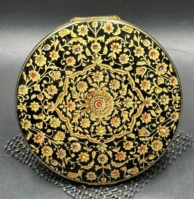 Vintage Stratton Powder Mirror Compact Gold Black Floral Enamel England UNUSED • $45