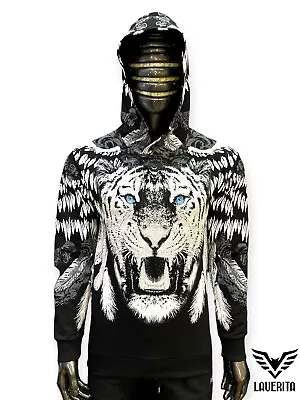 New Mens Black Slim Fit Hoodie Sweatshirt White Blue Eye Tiger Wings Rhinestones • $39.99