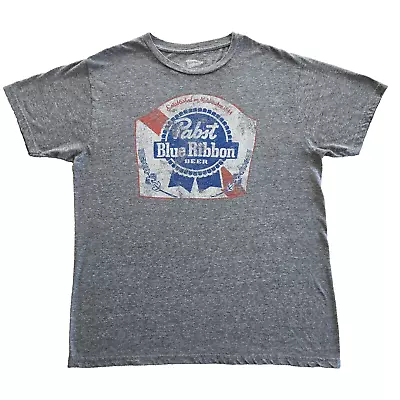Pabst Blue Ribbon T-Shirt Mens XL Gray Distressed Graphic PBR Logo Retro Casual • $10.95