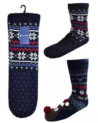 Christmas Knitted Slippers Socks Mens Reindeer Fleece Lined Gripper Bed Socks • $16.99