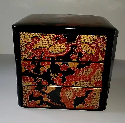 Vintage Japanese Lacquer Ware 3 Tier Stack Bento Box Tray Cherry Tree Design • $65