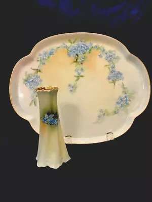 Antique Vanity Set 1880 Large Tray & Hat Pin Holder Hand Painted “forget Me Nots • $85