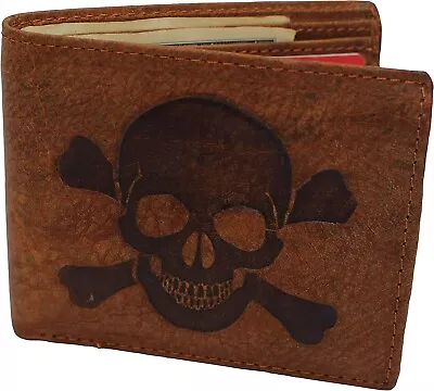 RFID Safe  Genuine Leather Wallets Men's Wallet Bifold Skull Engraved With ID • $18.99