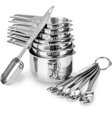 13-piece Measuring Cups And Spoons Set 18/8 Stainless Steel Heavy Duty Silver • $22.48