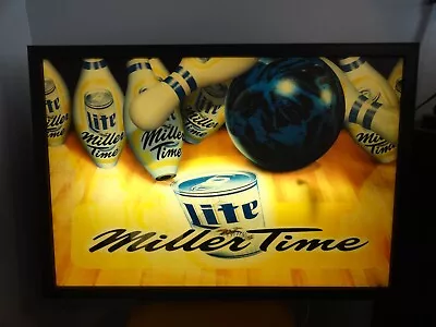 Vintage MILLER TIME Bowling Lighted Beer Sign Real Nice 32 X22  D/S • $139.99