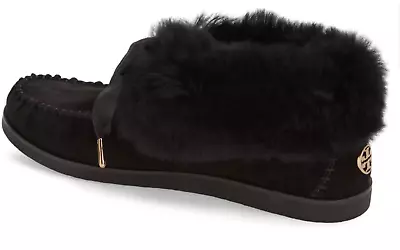 Tory Burch Aberdeen Shearling Slippers Black Genuine Fur Size 7 Logo $225 • $109.99