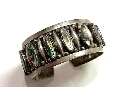 Vintage Mexico 925 STERLING SILVER/13 ABALONE Caps. Cuff Bracelet • $75