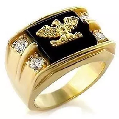 $29.99 • Buy 18K GOLD EP DIAMOND SIMULATED ROUND CUT MENS EAGLE DRESS RING Sz 8-15 You Choose