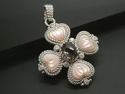 JUDITH RIPKA Pink Mother Pearl Smoky Quartz & CZ Maltese Cross Enhancer Pendant • $95