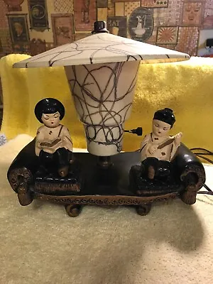 Vintage 50's Chalkware Asian TV LAMP W Shade Mid Century Figural Oriental Pagoda • $120