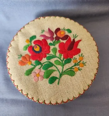 Vintage  Jewelry Trinket Box Embroidered Round Cover Floral Hand Made Hungary • $21