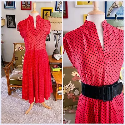 Vintage 1950s Style Dress Red Black Polka Dot M L Pinup Rockabilly 50s 80s • $29.25