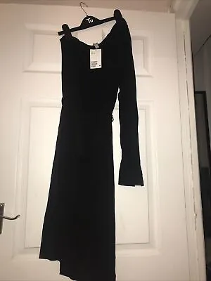 H&M Black Long Sleeve One Shoulder Midi Dress Size M • £14