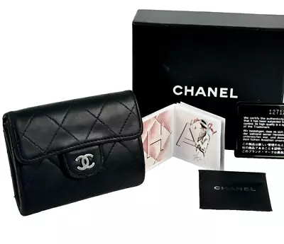 Chanel Matelasse Coin Purse Case Wallet Black Lambskin Leather Coco Authentic • £200.92