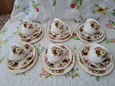 Vintage Queen Anne Red Pink Yellow Roses Bone China Teacups Trios 18 Pce Teaset • £29.99