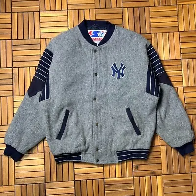Vintage 90s MLB New York Yankees Starter Wool Varsity Bomber Gray Jacket Size L • $169.99