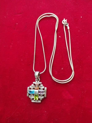 $13.50 • Buy Sterling Maltese Cross Gemstone Pendant On 18  Silver Necklace Italy