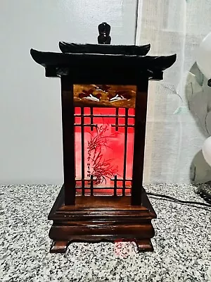 Vintage Asian Korean Wooden Table Lamp 13  Tall 7  Wide Double Lighted • $75