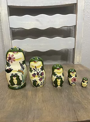 Vintage Matryoshka Nesting Frog Russian Style Dolls Set Of 5 Wooden Hand-painted • $29