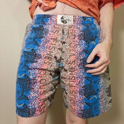 Vintage Around The World Men's MD Blue/Pink Vicious Fishes Beach Shorts • $43