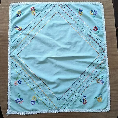 Vintage Embroidered Bridge Card Table Tablecloth Light Green Floral Lace Trim • $24.99