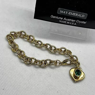 Gold Tone Link Bracelet Austrian Crystal Emerald May Birthstone Heart Charm • $14.99