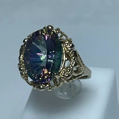 Concave 14x10mm Oval Mystic Topaz 7.5ct 14kt Yellow Gold Statement Ring • $419