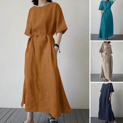 $35.52 • Buy ZANZEA AU Womens Short Sleeve Belted Waist Side Pockets Kaftan Long Dress Summer