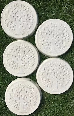 Tree Of Life Garden Path Round Concrete Stepping Stones 9 Inch White Set Of Five • £47.99