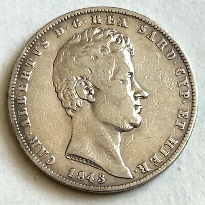 Italy Sardinia Silver 5 Lire 1843 • $55