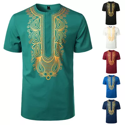 £31.58 • Buy Men's African Traditional Hidden Button Short Sleeve Shirt Dashiki
