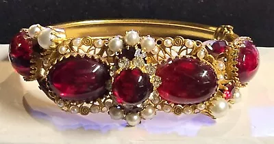 Rare Signed Vintage Hattie Carnegie  Early Red RUBY  Glass AND PEARL  Bracelet • $299