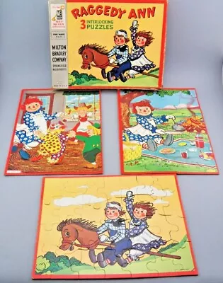 VTG 1954 Raggedy Ann 3 Interlocking Puzzles Johnny Gruelle Co Milton Bradley GUC • $7.59