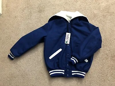 VTG Medium DeLong Varsity Blue/White Wool Letterman Jacket With Zippered Hood • $80